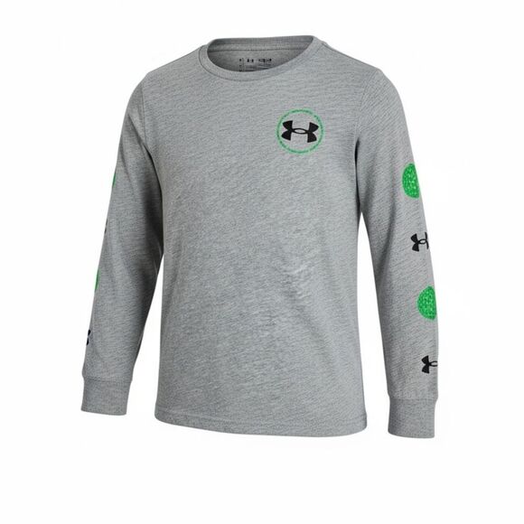 EUC Under Armour Boys Gray Long Sleeve Tee Shirt  Green Logo on Back - Size 7 - Picture 1 of 6